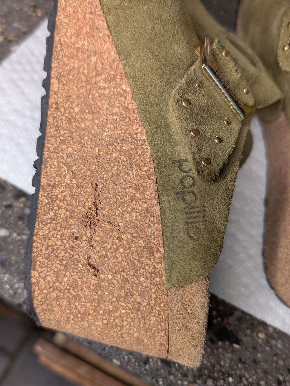 As-Is Papillio Birkenstock Fanny Wedge Clog Green Suede Size 39 cork damage flaw - Picture 4 of 10